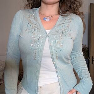 Vintage Light Green Cardigan with Embroidered And Bead Details
